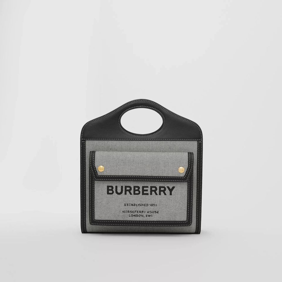 Burberry Mini Tri-tone Canvas and Leather Pocket Black/Tan Cotton Tote