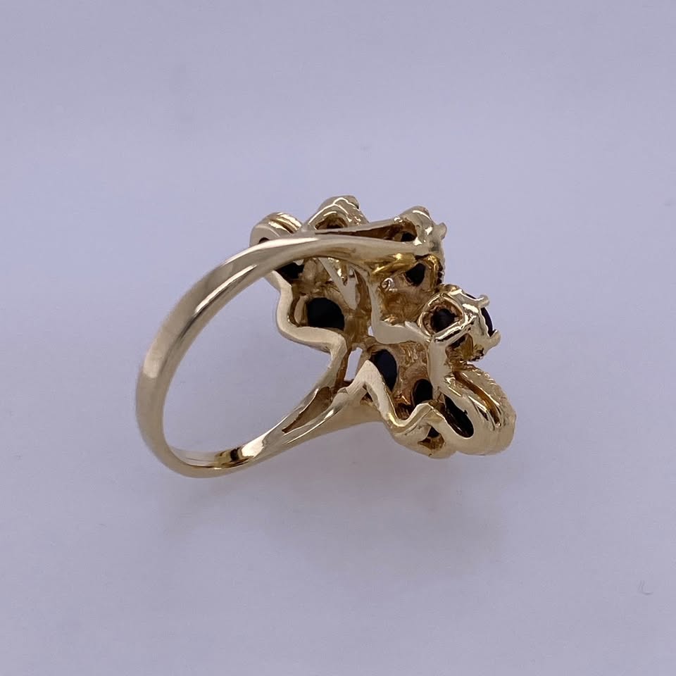 14k Yellow Gold Ladies Flower Ring W/ Diamond & Black Colored Stones