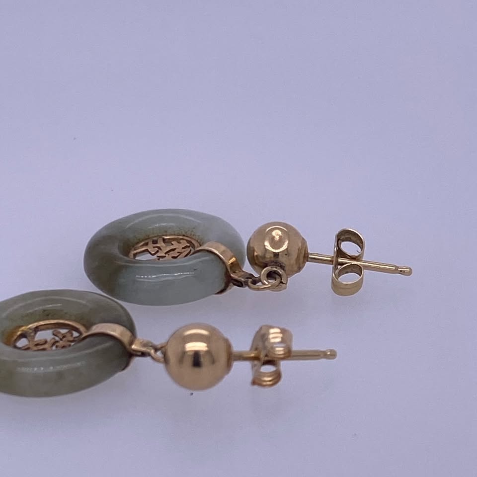 14k Yellow Gold Donut Jade Dangle Earrings