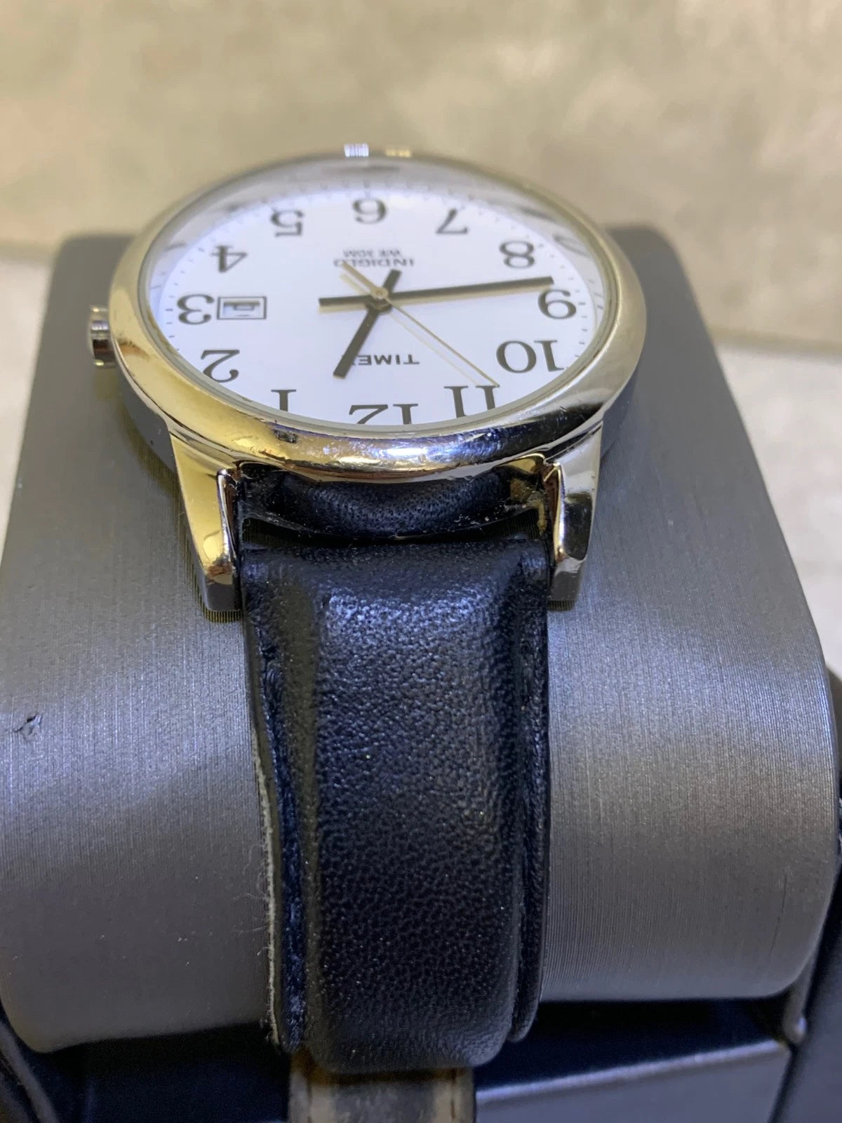 Timex Indiglo WR30M Men's Watch Day Date Silver w/ Black Leather Strap
