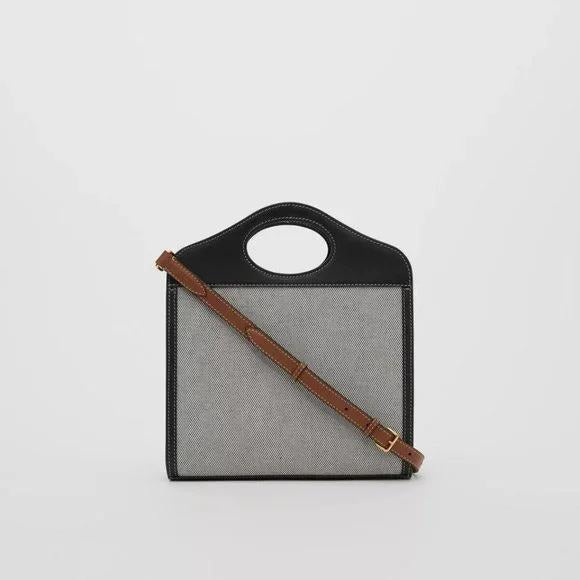 Burberry Mini Tri-tone Canvas and Leather Pocket Black/Tan Cotton Tote
