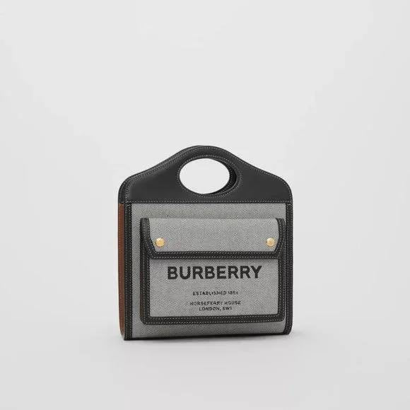 Burberry Mini Tri-tone Canvas and Leather Pocket Black/Tan Cotton Tote
