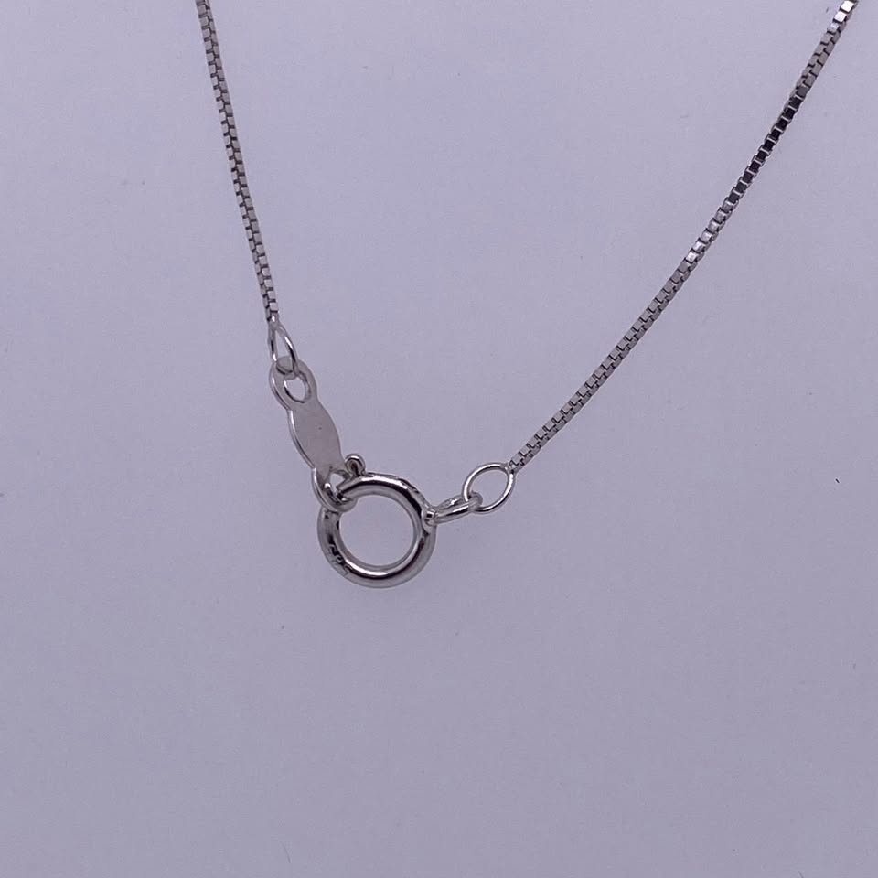14k White Gold Thin Box Link Necklace W/ Round Diamond Pendant
