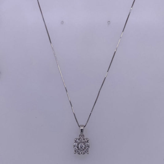 14k White Gold Thin Box Link Necklace W/ Round Diamond Pendant