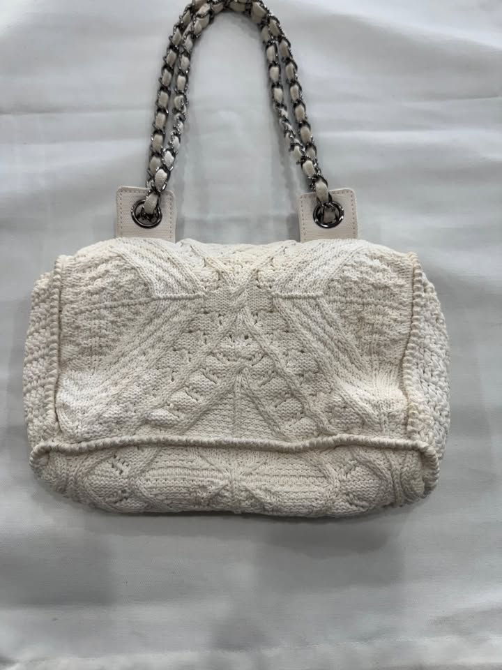 Chanel Ivory Crochet Knit Silver-Tone Classic Shoulder Bag