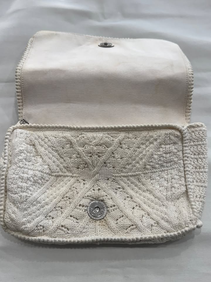 Chanel Ivory Crochet Knit Silver-Tone Classic Shoulder Bag