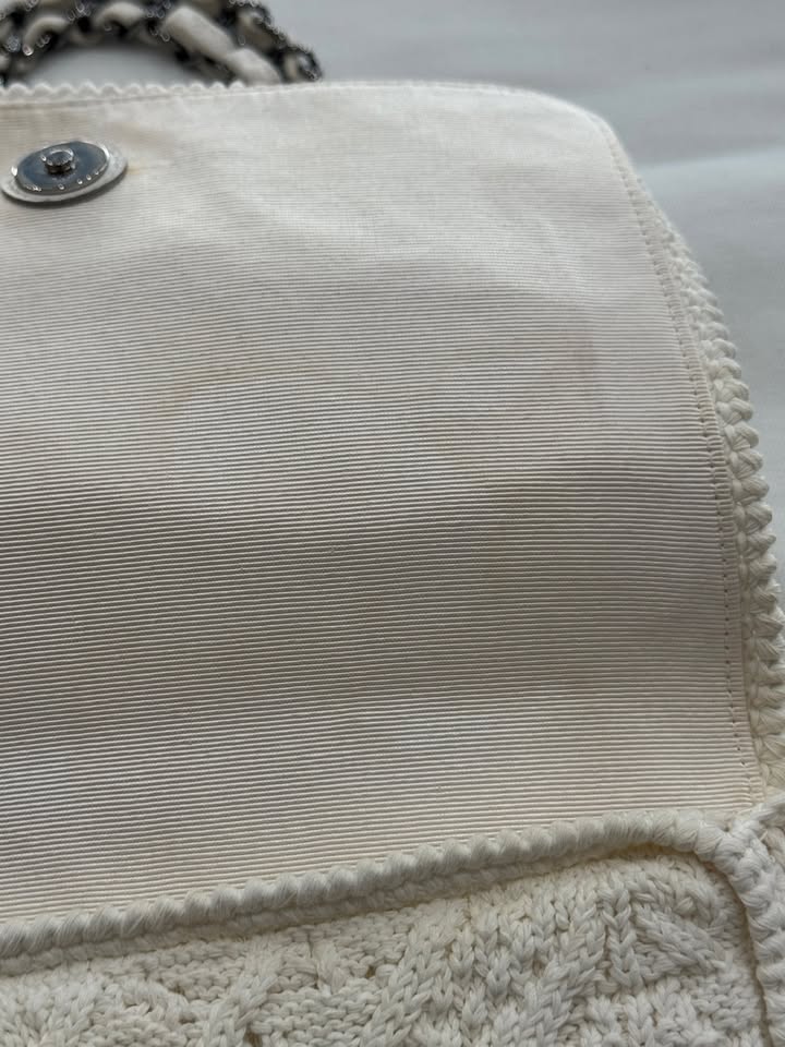 Chanel Ivory Crochet Knit Silver-Tone Classic Shoulder Bag