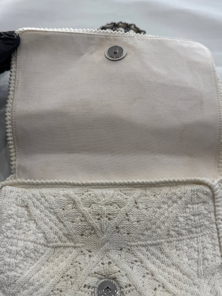 Chanel Ivory Crochet Knit Silver-Tone Classic Shoulder Bag