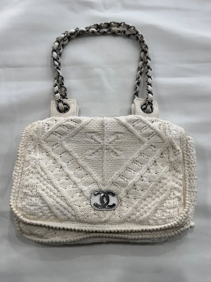 Chanel Ivory Crochet Knit Silver-Tone Classic Shoulder Bag