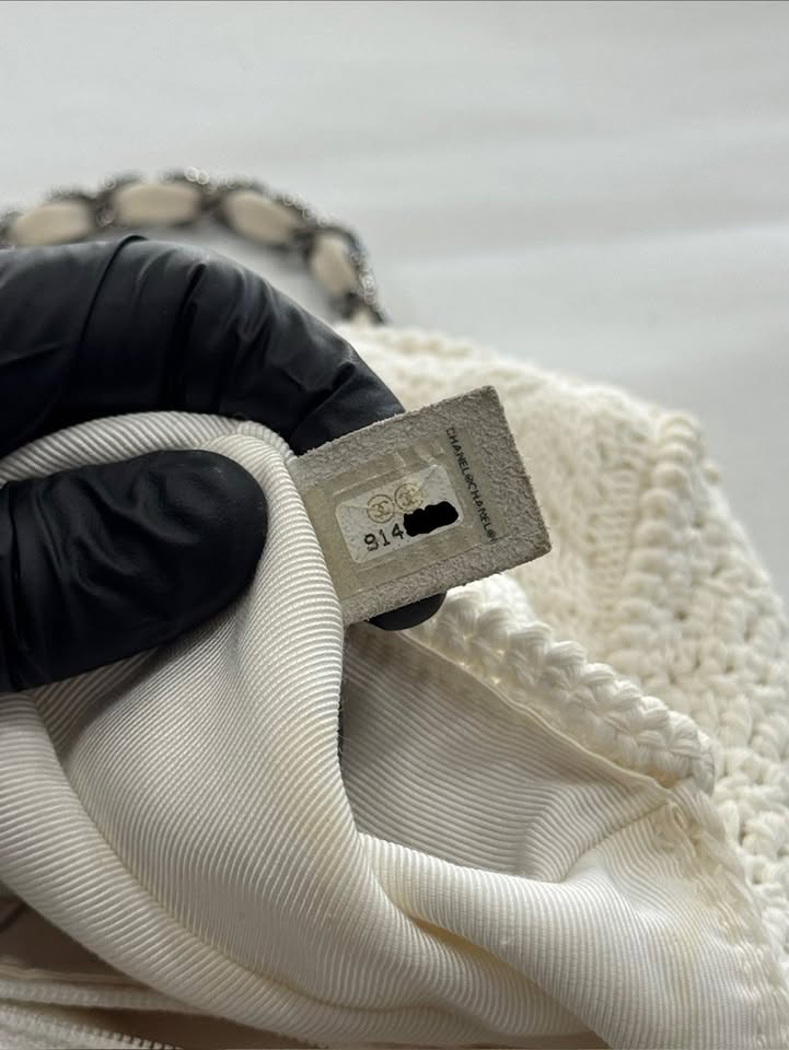 Chanel Ivory Crochet Knit Silver-Tone Classic Shoulder Bag