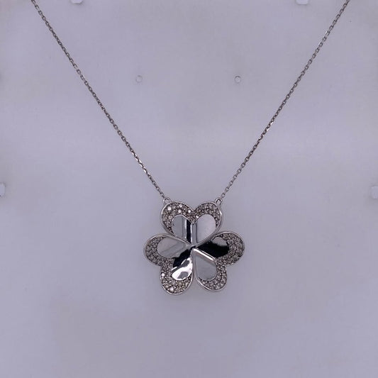 18k White Gold Necklace W/ Diamond Heart Flower Pendant