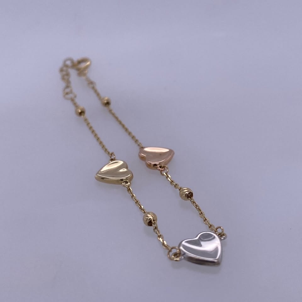 14k Yellow Gold Rolo Link Heart Charm Bracelet