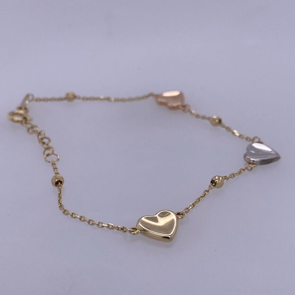 14k Yellow Gold Rolo Link Heart Charm Bracelet