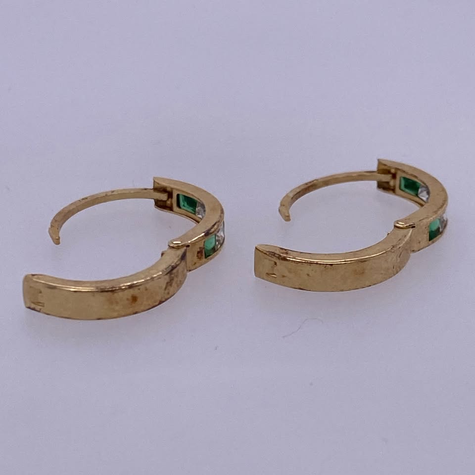 14k Yellow Gold Mini Green & Clear Colored Stone Hoop Earrings