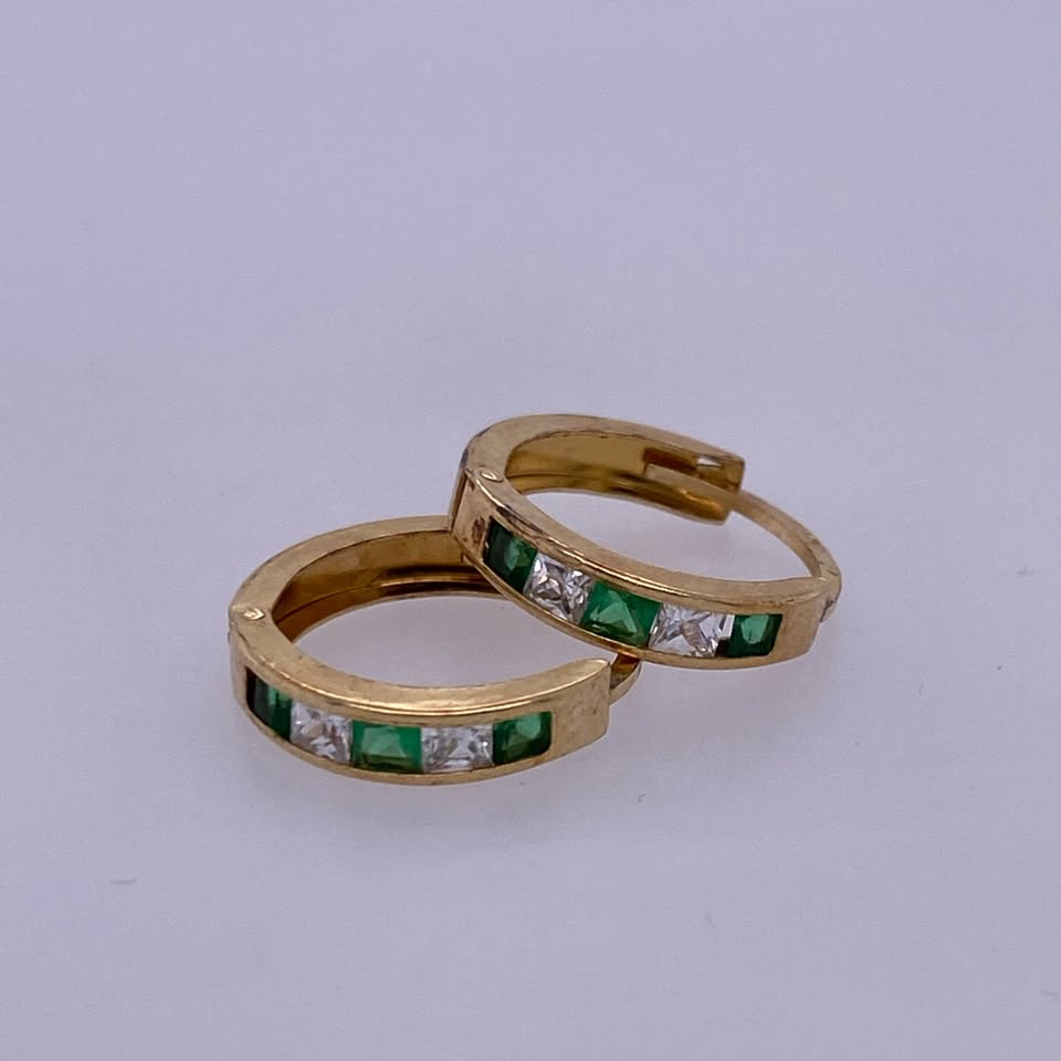 14k Yellow Gold Mini Green & Clear Colored Stone Hoop Earrings