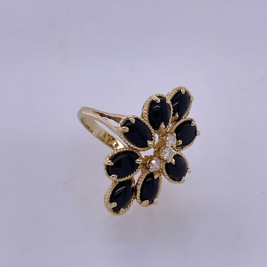 14k Yellow Gold Ladies Flower Ring W/ Diamond & Black Colored Stones