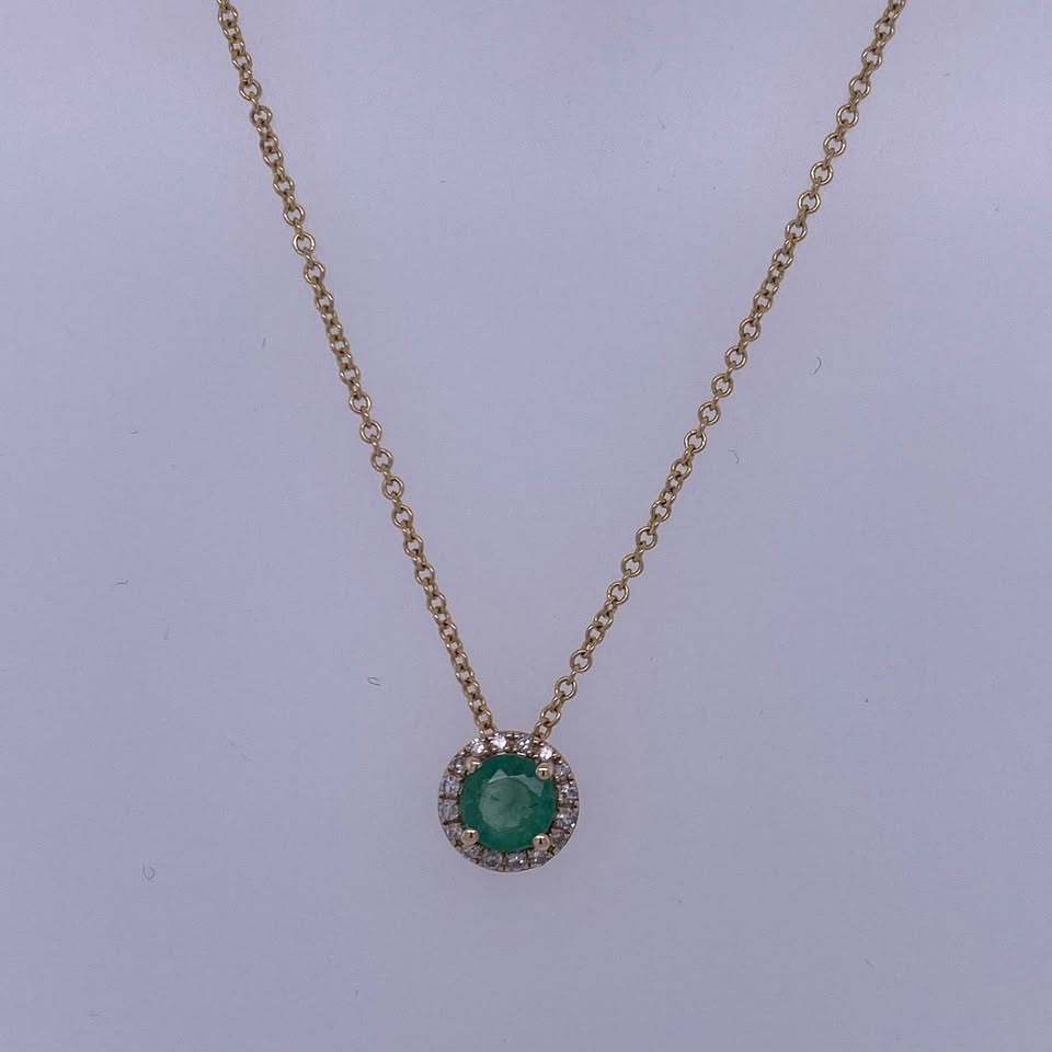 14k Yellow Gold Thin Rolo Necklace W/ Green CZ Colored Round Pendant