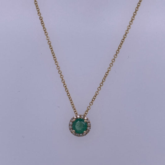 14k Yellow Gold Thin Rolo Necklace W/ Green CZ Colored Round Pendant