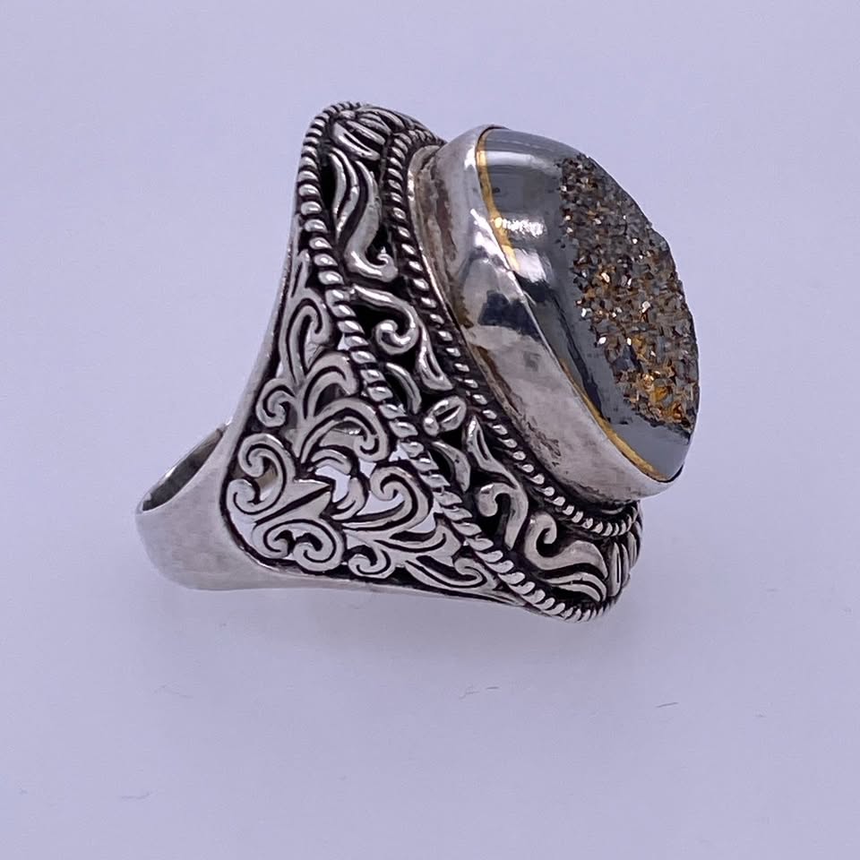 925 Silver Large Statement Ring W/ Sparkle Center Stone
