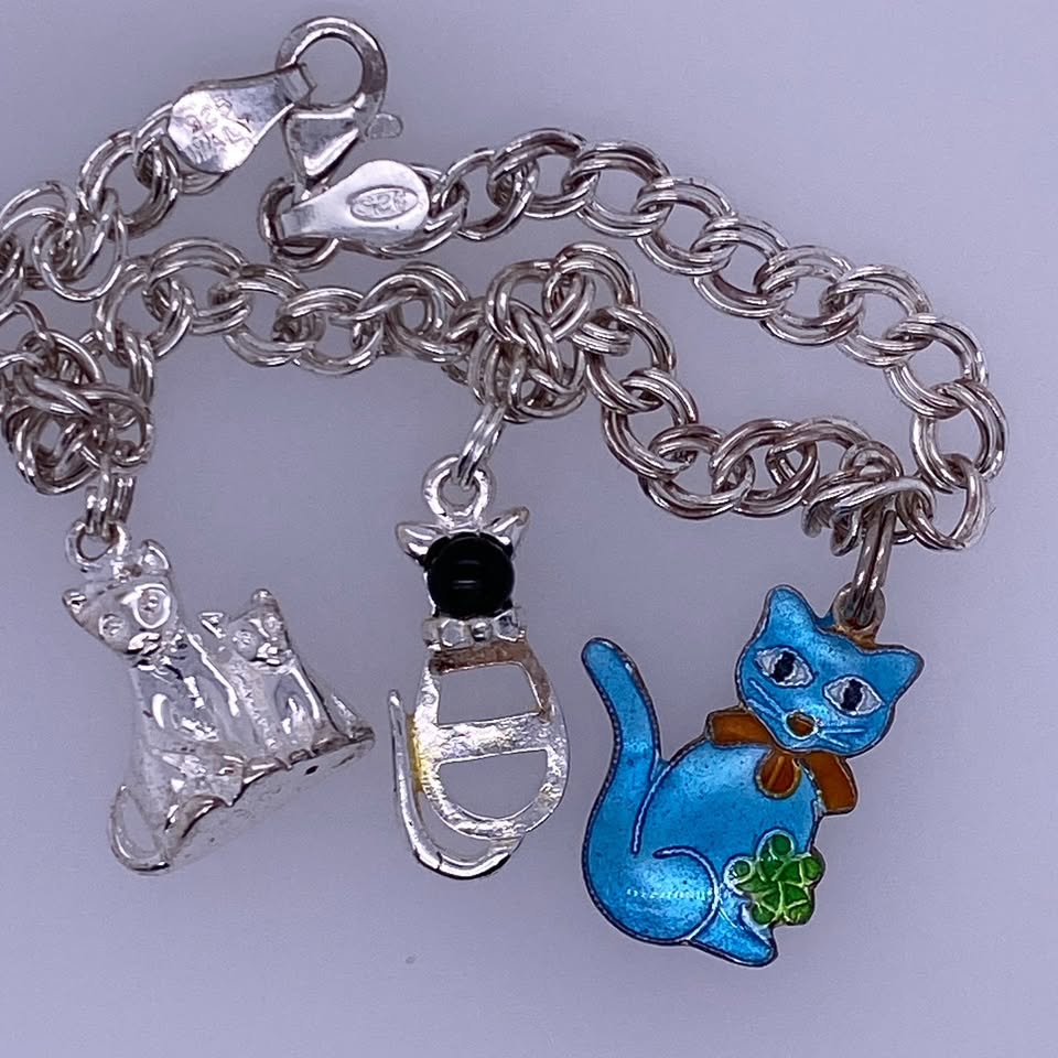 925 Silver Rolo Bracelet W/ Cat Charms