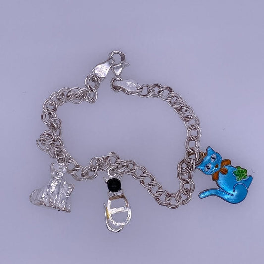 925 Silver Rolo Bracelet W/ Cat Charms