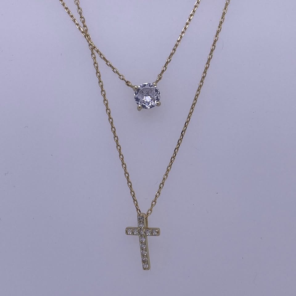 925 Sterling Silver Double Layer Necklace With CZ Pendants