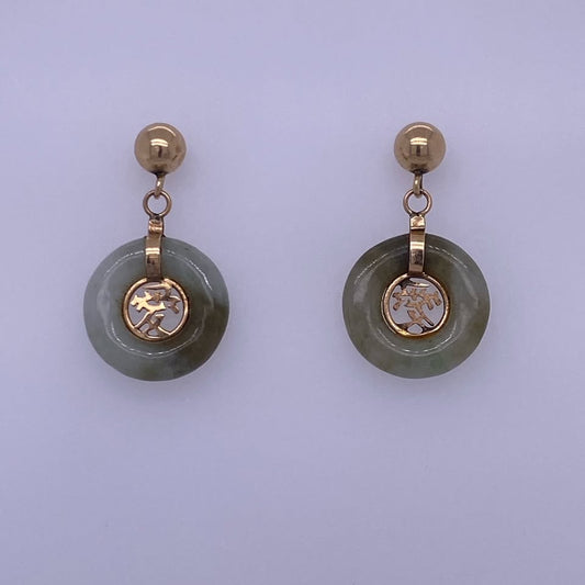 14k Yellow Gold Donut Jade Dangle Earrings