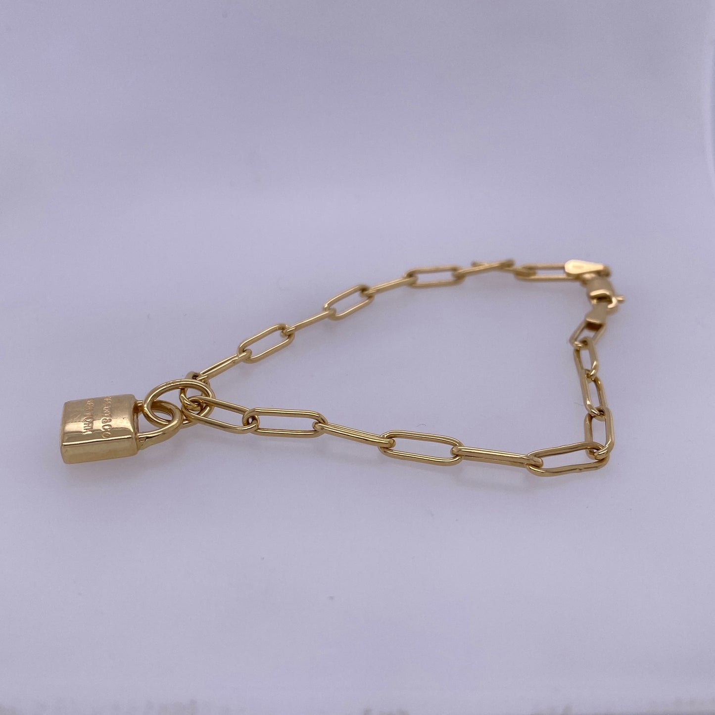 18k Yellow Gold Paper Clip Bracelet W/ Lock Charm