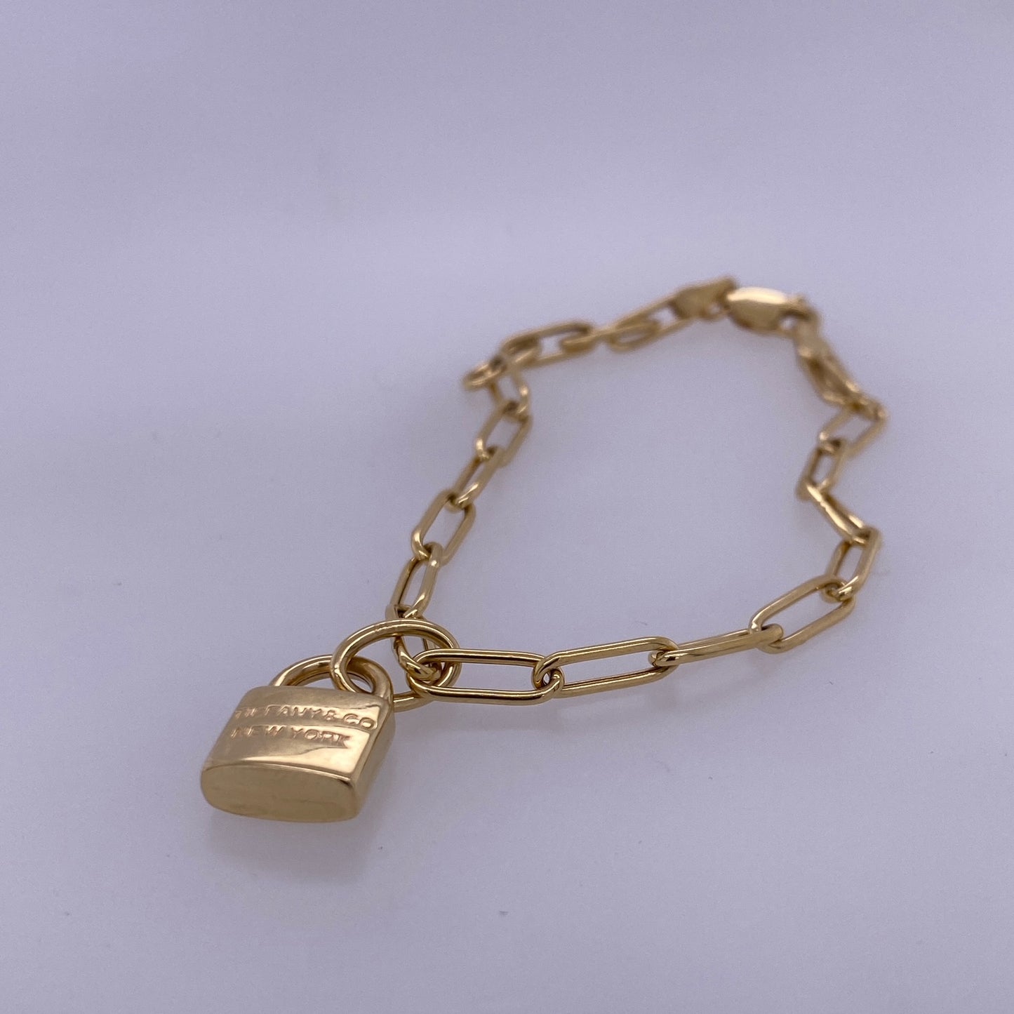 18k Yellow Gold Paper Clip Bracelet W/ Lock Charm