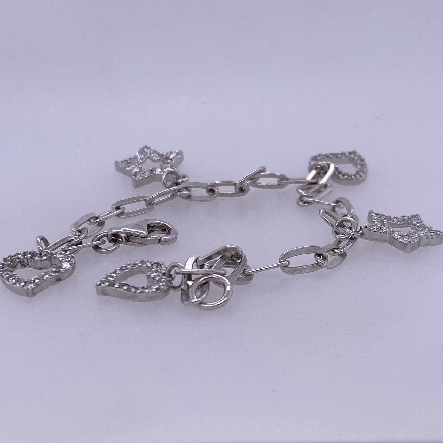 925 Sterling Silver Charm Bracelet With CZ Heart And Stars