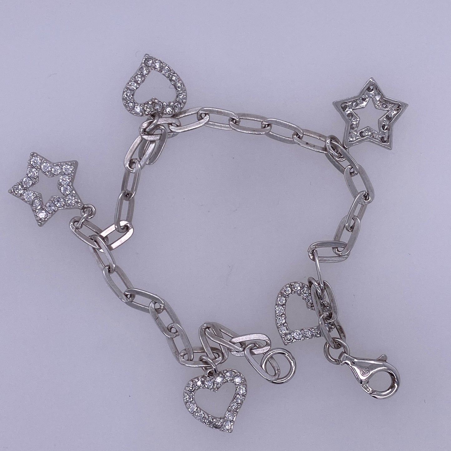 925 Sterling Silver Charm Bracelet With CZ Heart And Stars