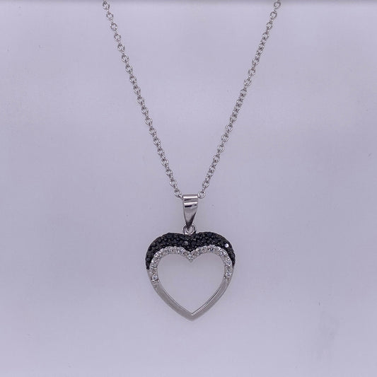 925 Sterling Silver Rolo Link Necklace With Black And White CZ Heart Charm