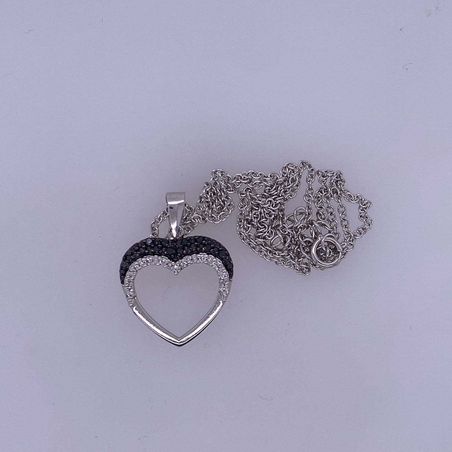 925 Sterling Silver Rolo Link Necklace With Black And White CZ Heart Charm