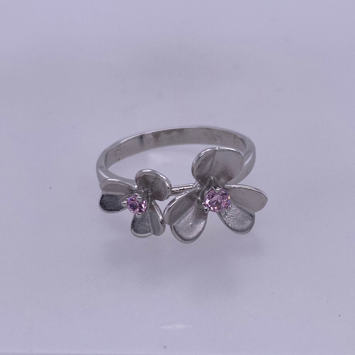 925 Sterling Silver Dual Flower Ring With Pink CZ