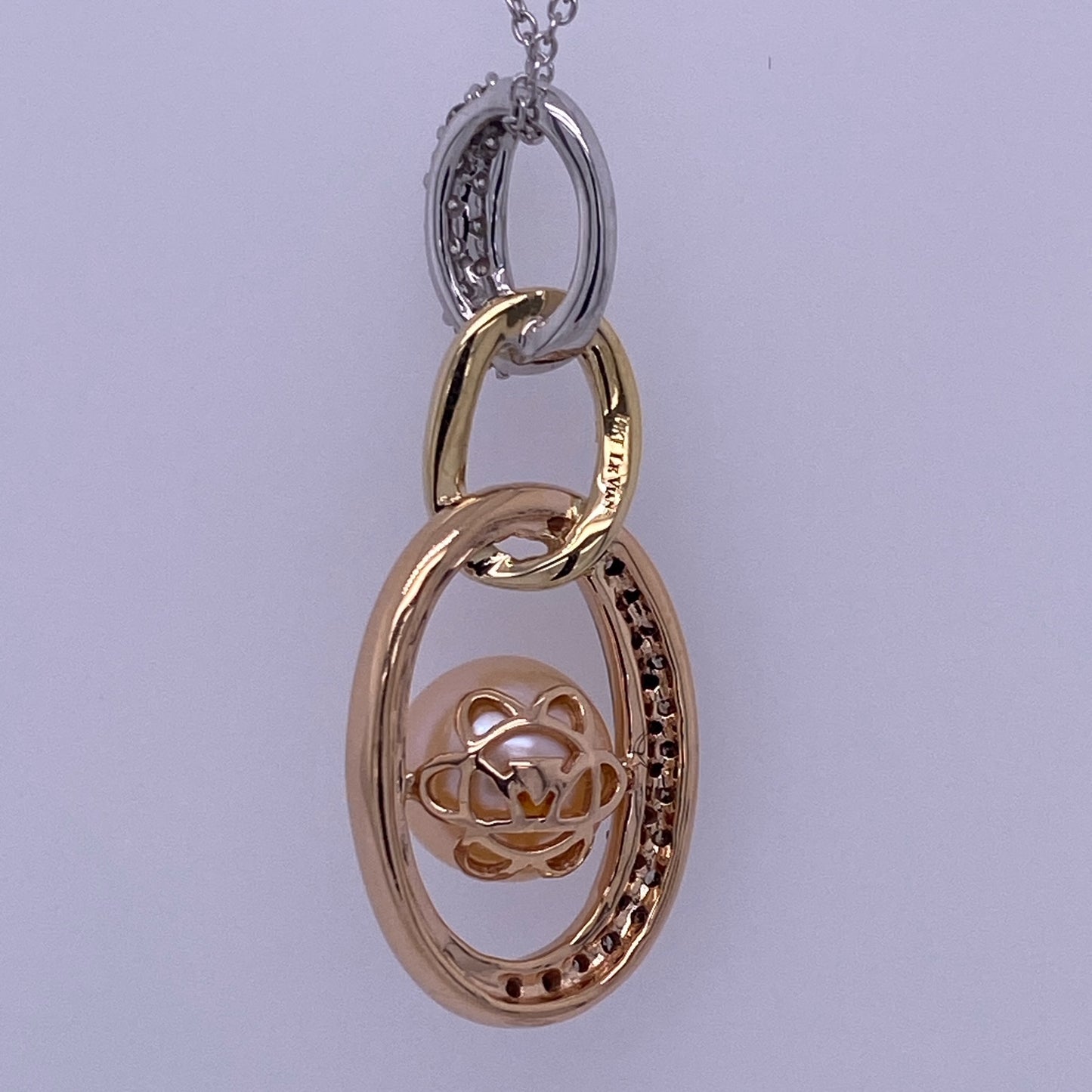14k White Gold Thin Rolo Necklace W/ Tri-Tone Pearl Necklace