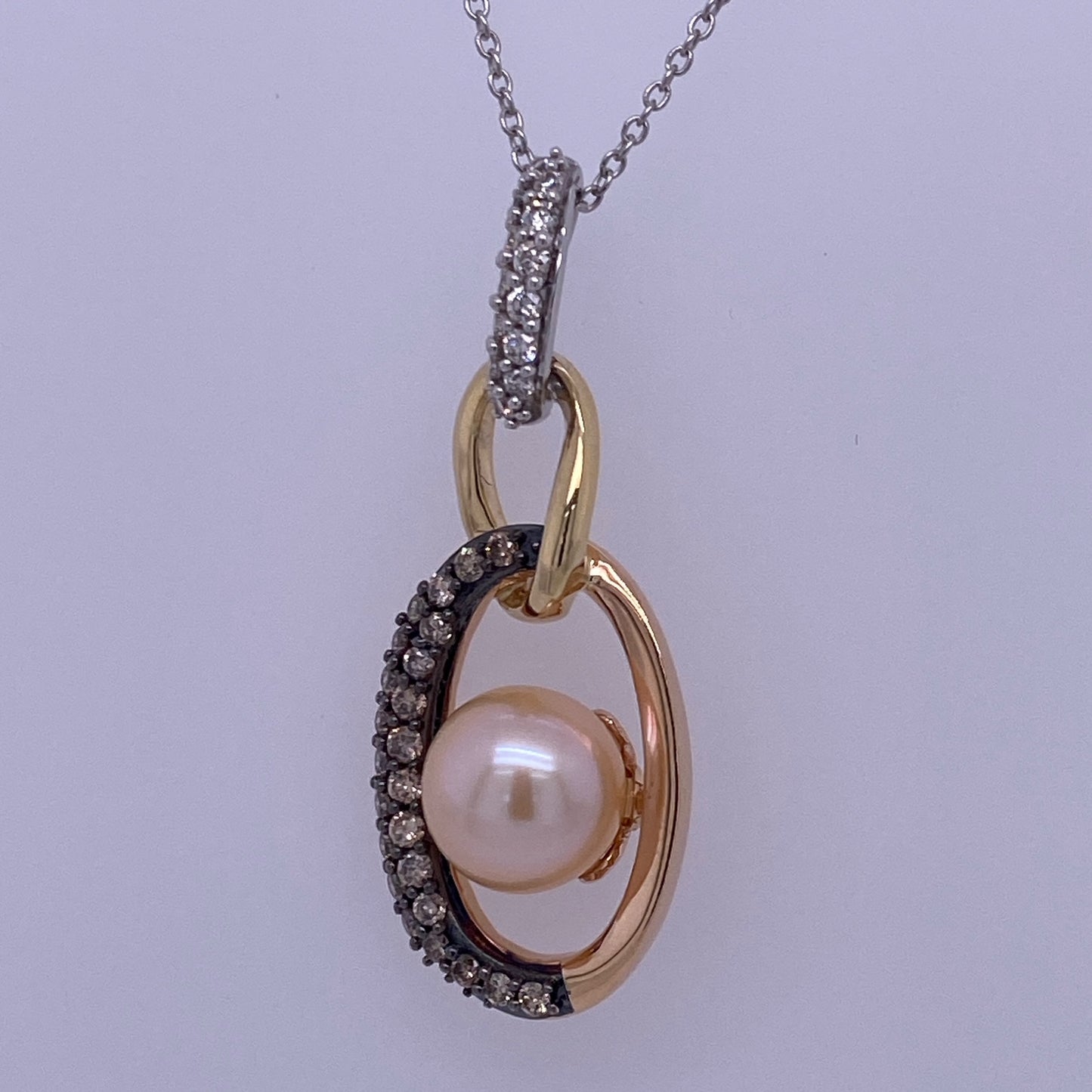 14k White Gold Thin Rolo Necklace W/ Tri-Tone Pearl Necklace