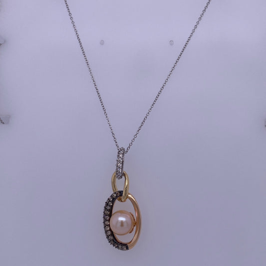 14k White Gold Thin Rolo Necklace W/ Tri-Tone Pearl Necklace