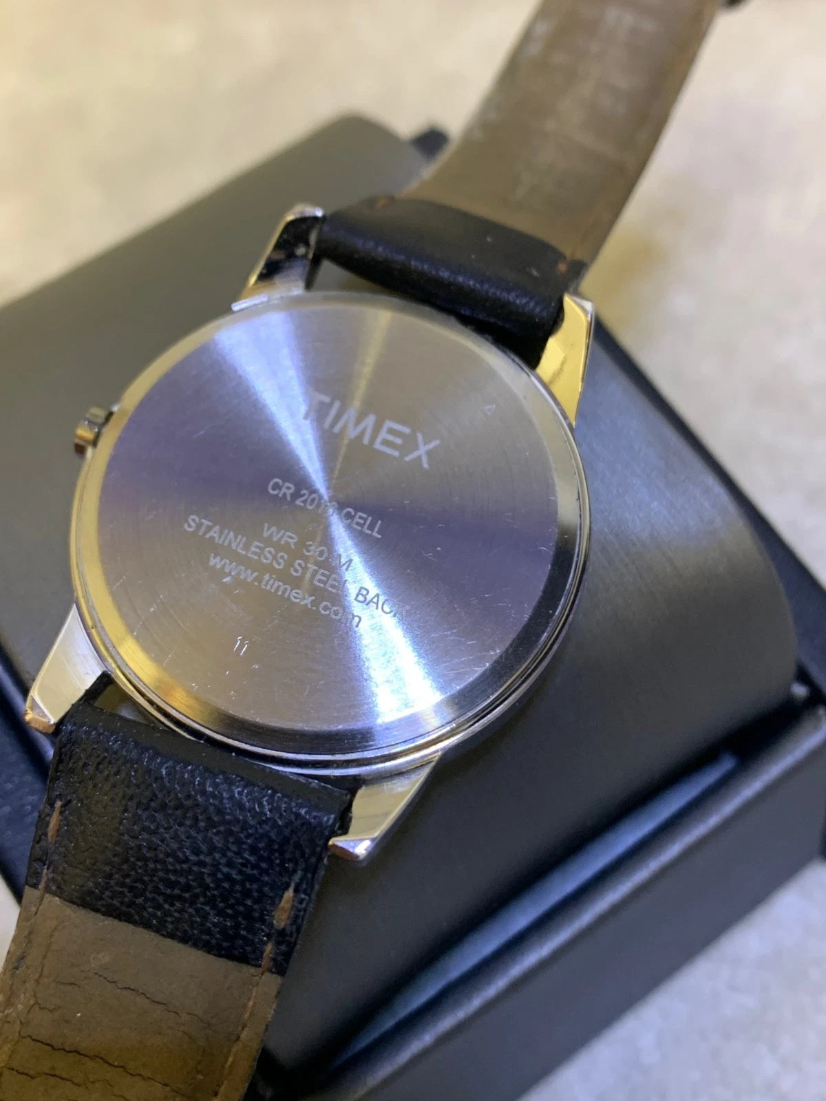 Timex Indiglo WR30M Men's Watch Day Date Silver w/ Black Leather Strap